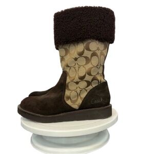 Coach Signature Shearling Cuff Winter Boots | Brown Suede & Monogram | Size 6